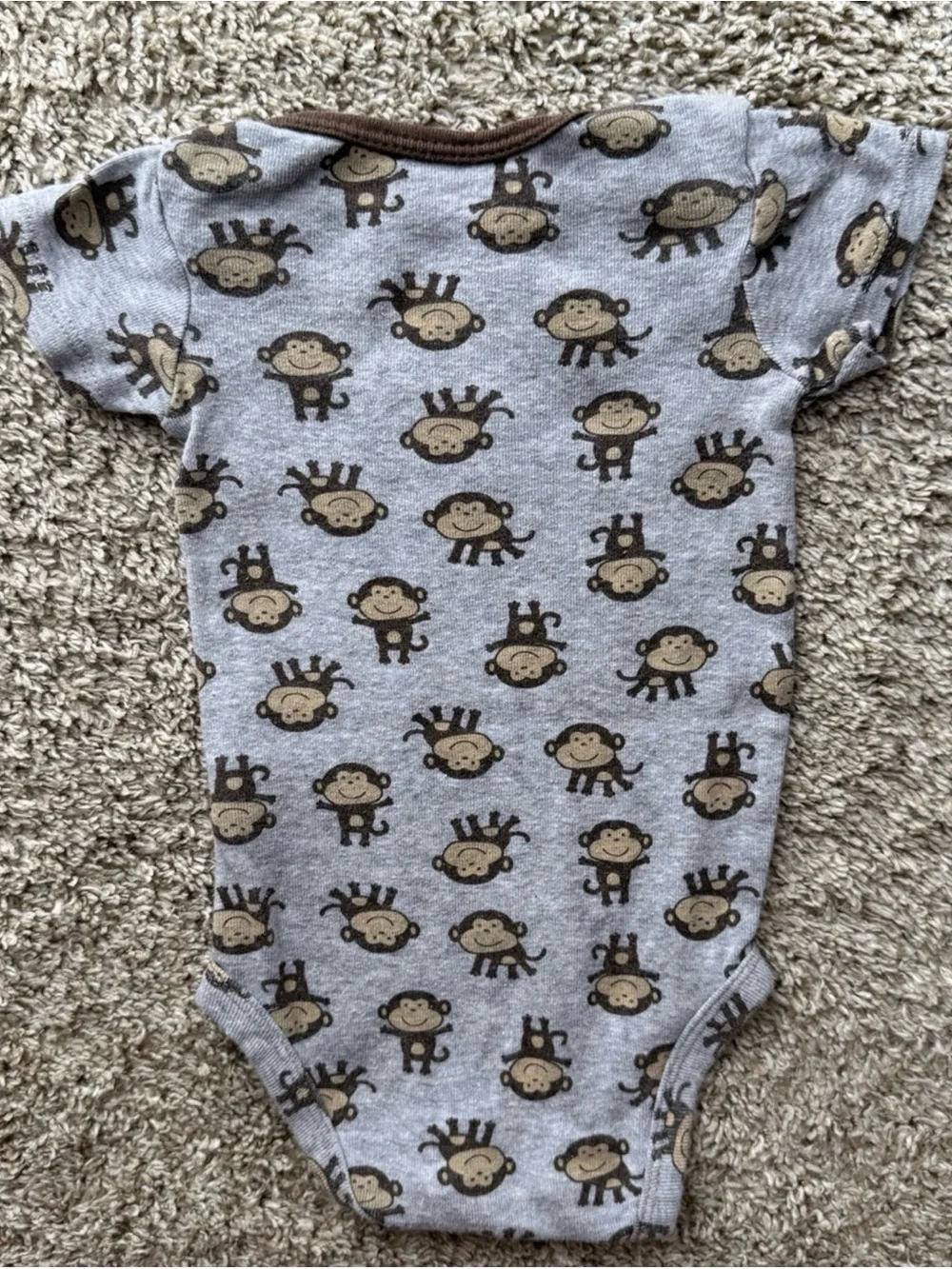 Carter’s Baby Bodysuit Gray Monkey Print Short Sleeve Onesie 6 Months Cotton